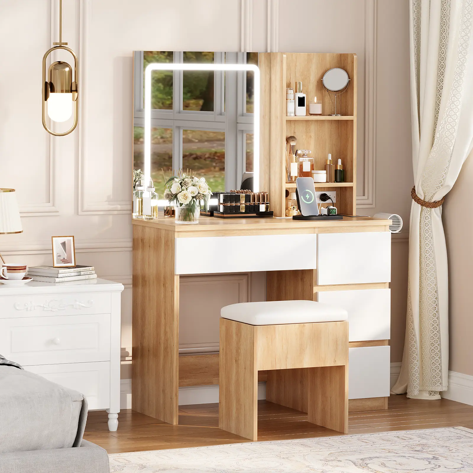 LED Vanity Dressing Table Set, Compact Set with 3-Mode Adjustable Lighting, Built-In Power Outlet, 4-Drawer Multi-Drawer Storage, Open Shelves, Hair Dryer Holder & Storage Stool for Bedroom