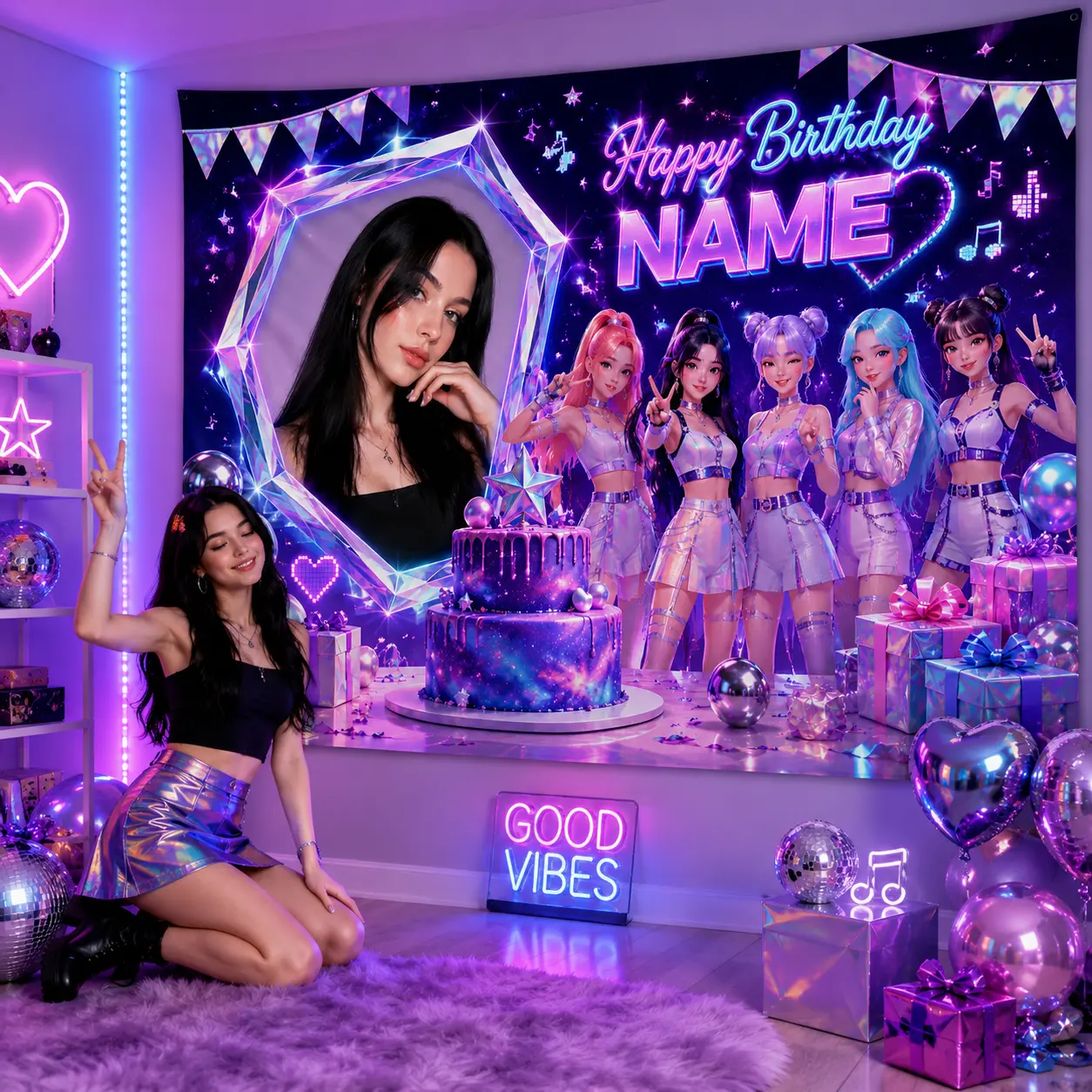 Personalized Neon Pop Music Birthday Backdrop - Customizable Colorful Neon Lights Photo Print Banner, Custom Name Purple Girl Group Stage Party Decor for Girls