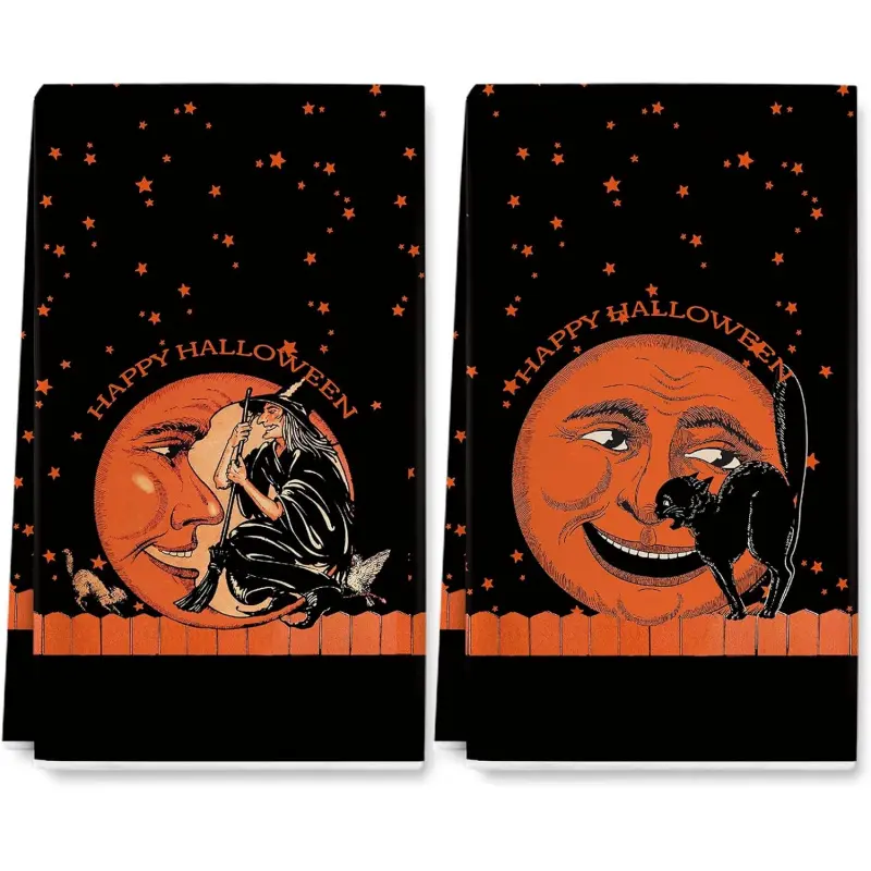 2-Pack Vintage Halloween Kitchen Towels, 16x24 inch Microfiber Absorbent and Quick-Drying Dishcloths, Vintage Orange Full Moon Witch Black Cat Star Print Decorative Towels, Nostalgic Halloween Kitchen Decoration Gift