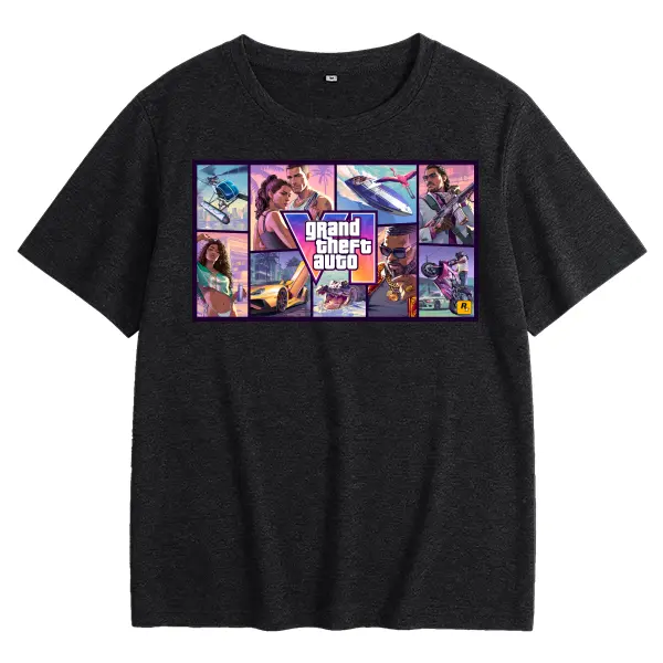 GTA6 Scene Collage Wall Poster Crewneck Printed T-Shirt for Men and Women, Regular Fit Soft Stretch Fabric Tee, Colorful Casual Streetwear Top for All Seasons, Quick-Dry Comfortable Graphic Shirt Menswear Garment