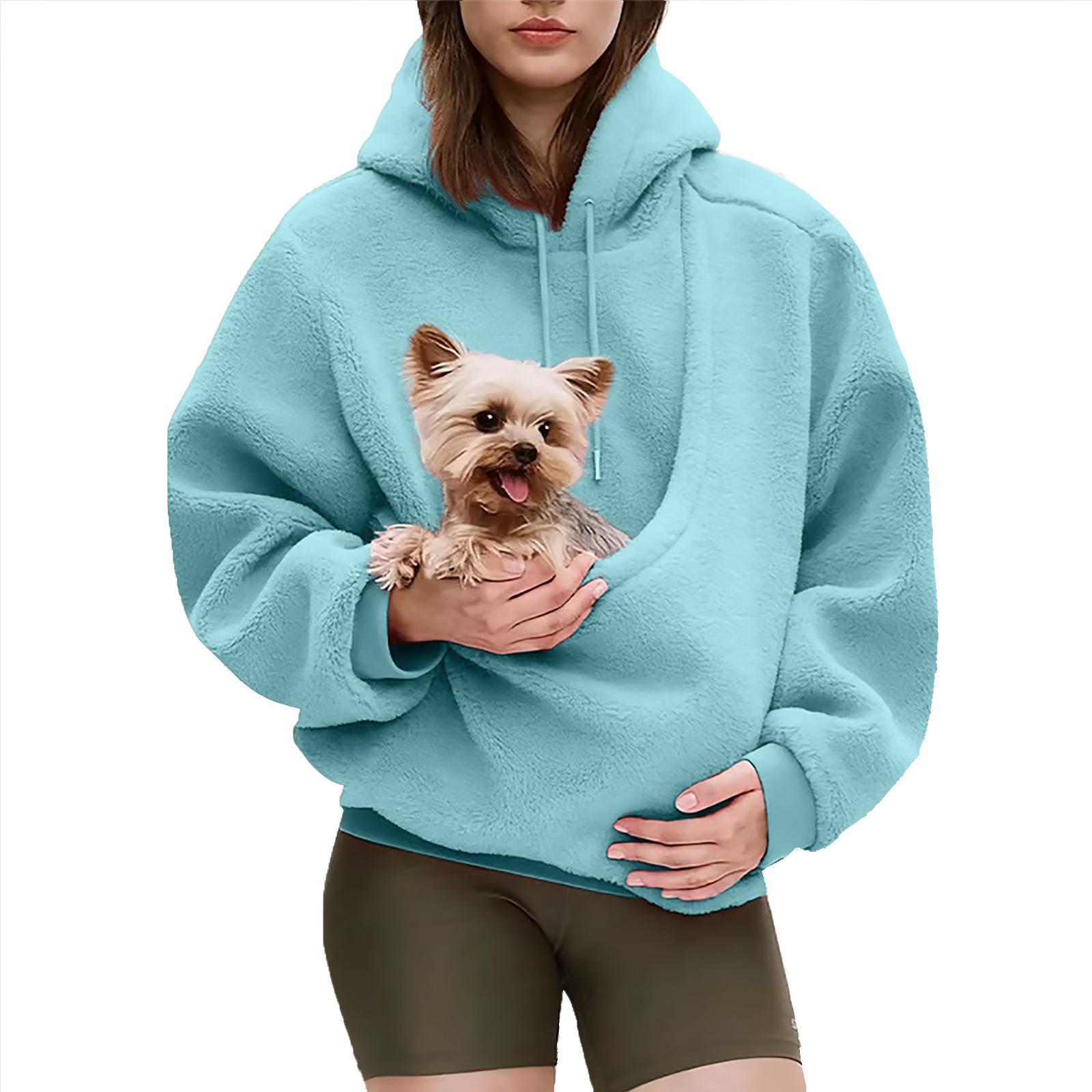 Autumn and Winter Solid Color Hooded Plush Pet Pocket Loose Pullover Sweatshirt for Women Fashionable Warm Cold Resistant Polyester,Gift
