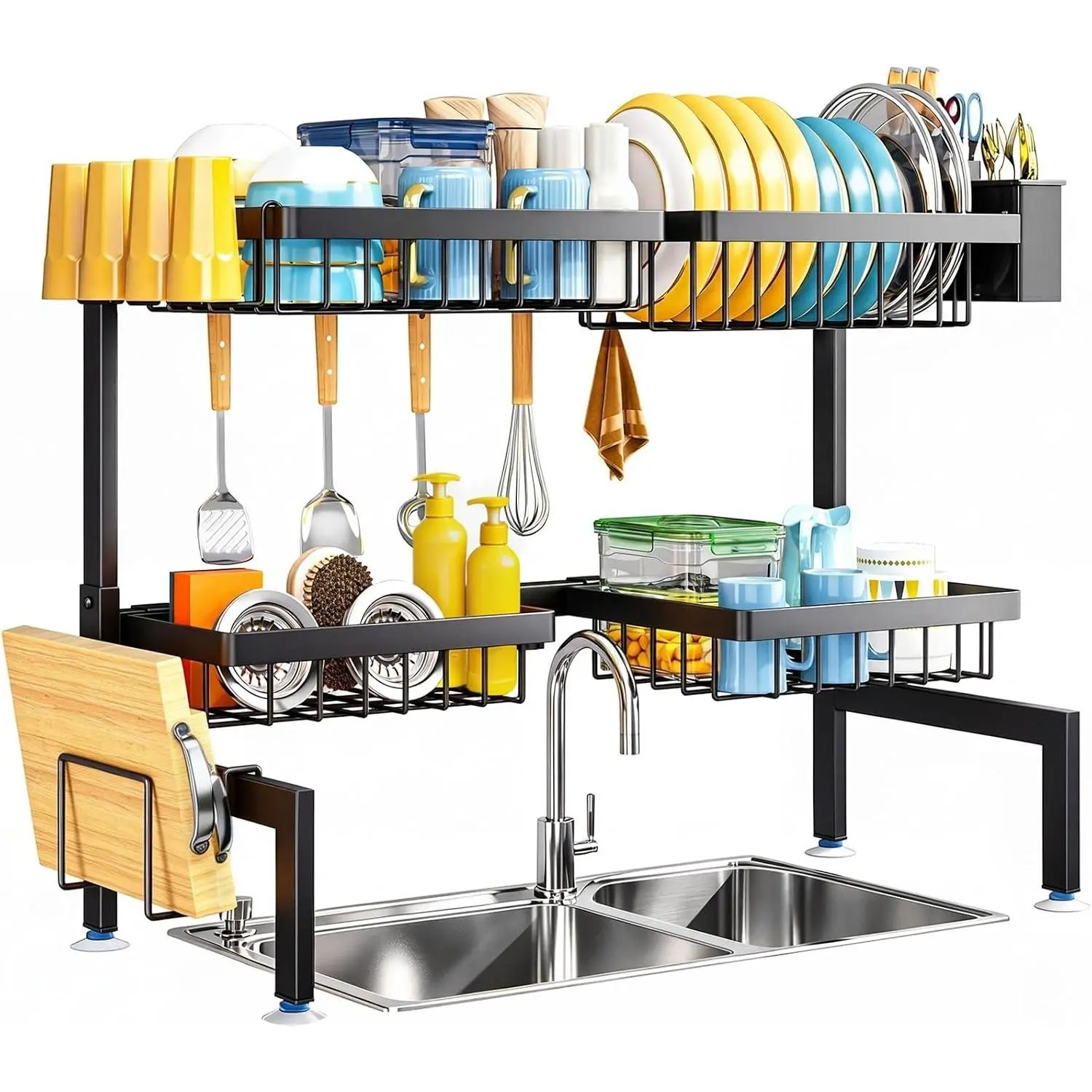 2 Tiers 4 Baskets Over The Sink Dish Drying Rack, Fits All Sinks from 24.8" to 35.4", Adjustable 2-Tier Space Saving Kitchen Dishes Storage Organizer