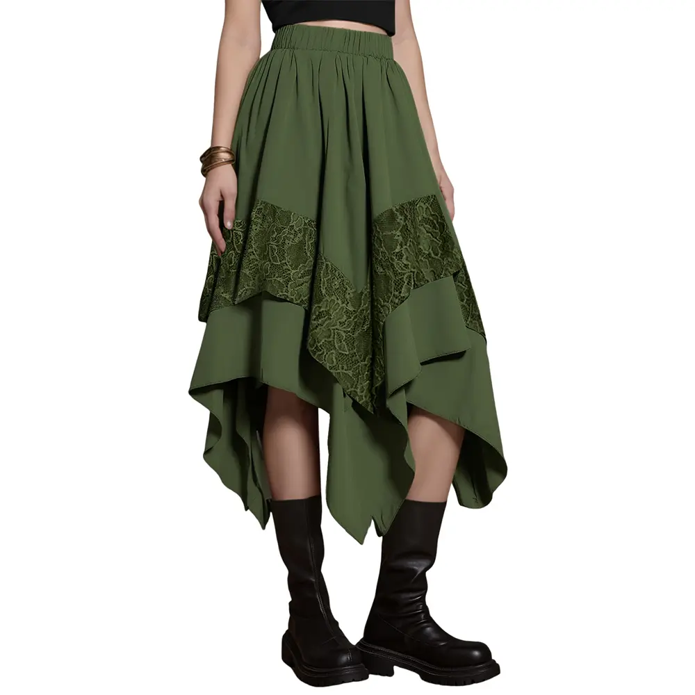Wyeysyt Womens Renaissance Skirt Asymmetrical Flowy Goth Skirt| Lace Trim Western Skirts,Fairy Long Skirt, High Waist Gothic Midi Skirts