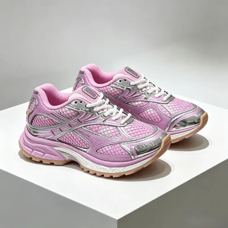 Y2K Mesh Panel Running Sneakers Women Metallic Silver Toe Casual Walking Shoes Retro Chunky Low Top Trainers Trendy Barbie Pink Breathable Mesh Daily Outdoor Athletic Footwear Fashion Vintage Colorblock Lace Up Comfort Soft Sole Streetwear
