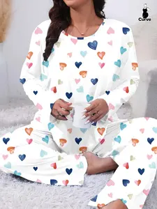 Plus Size Two-Piece Set Heart Print Pyjama Lounge Set, Casual Long Sleeve Tee & Pants, Women's Plus Sleepwear & Homewear for Spring & Fall Pajamas