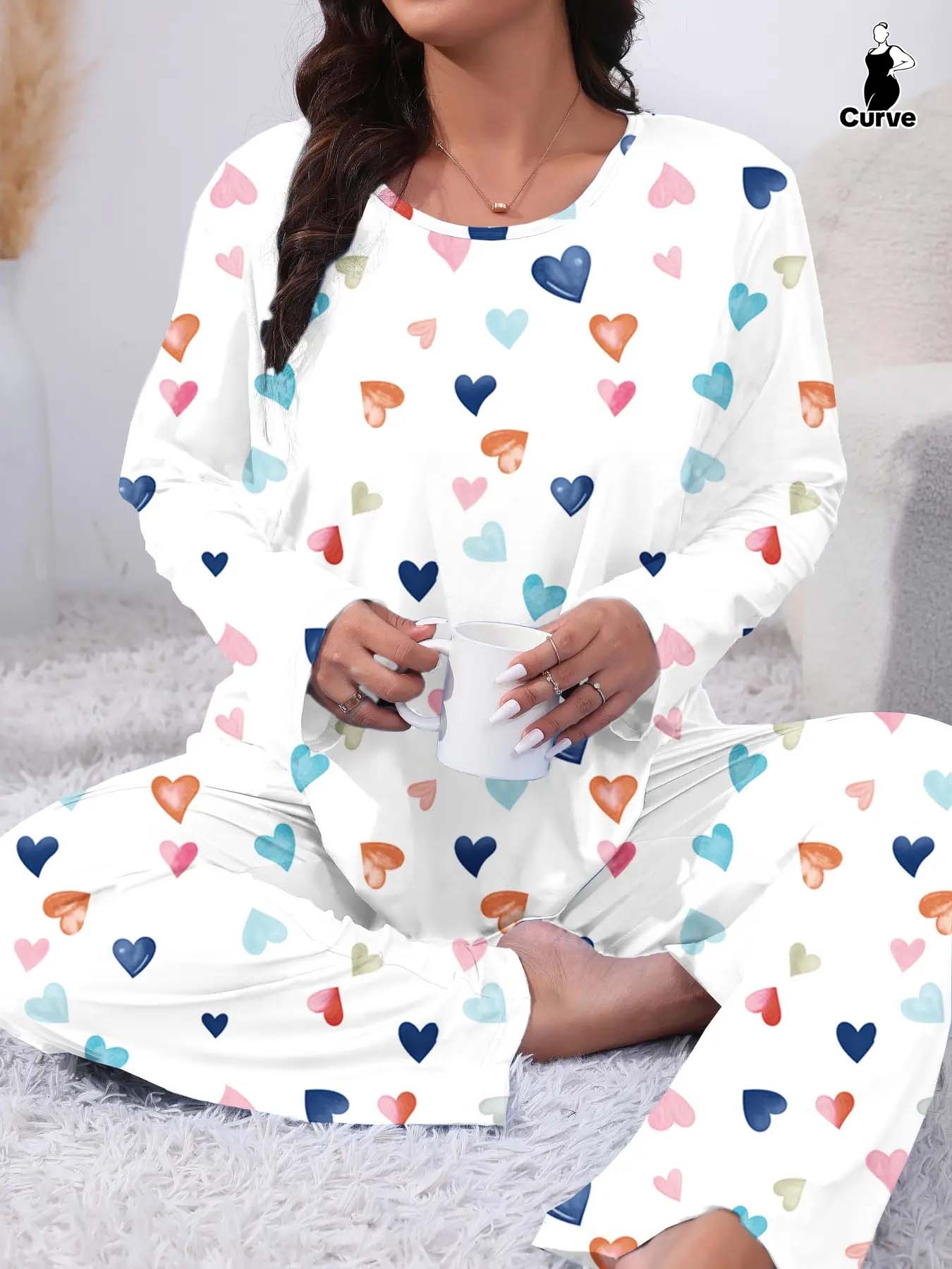 Plus Size Two-Piece Heart Print Pajama Set, Casual Long Sleeve Tee & Pants, Women's Plus Sleepwear & Homewear for Spring & Fall