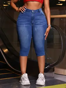 Mid Blue Wash High Waist Stretch Slim Fit Denim Seven-Eighths Pants, Slight Distressed Vintage Curve Large Size Knee-High Tight Jeans