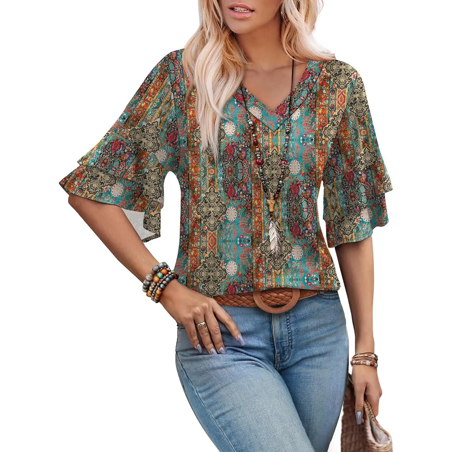 Women's Dressy Casual Boho Blouse, Silky V-Neck Top with 3/4 Tiered Bell Sleeve, Leopard Prints for Work Office, Necklace, Slacks, Elegance, Comfortable, Fabric, Bohemian, Breathable, Beach, Lightweight, Evening, Button, Loose