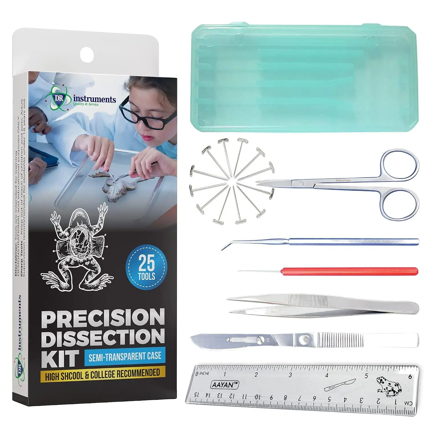 Precision Dissection Kit 25-Piece Biology Set - 8 Stainless Steel Instruments - Extra Blades & T-Pins - For Students & Faculty - Autoclavable Case Assorted Colors