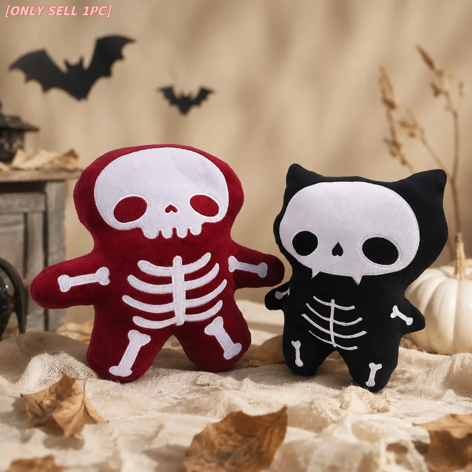 Cute Skull Plush Toy, Adorable Cat Ears Skeleton Stuffed Animal, Soft Halloween Plush Doll, Kawaii Skull Decoration for Bedroom, Desk, Party Decor, Spooky Season Gift for Kids, Teens, Adults and Halloween Lovers