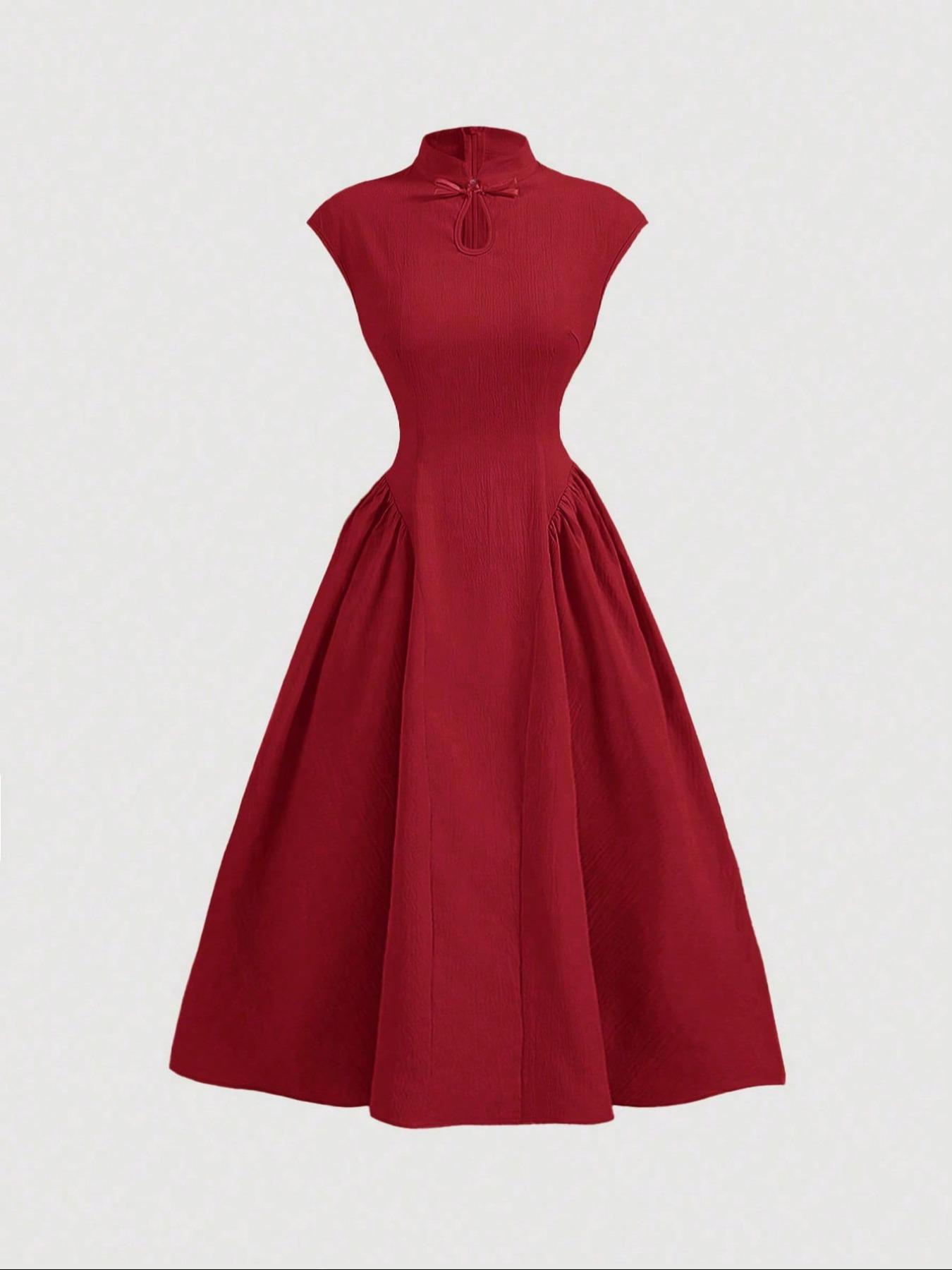 Women's Plain Mandarin Collar A Line Dress, Summer Clothes Women, Elegant Fashion Casual Zipper Back Long Dress for Daily Outdoor Wear, Women Dress for Summer, Casual Elegance Chic