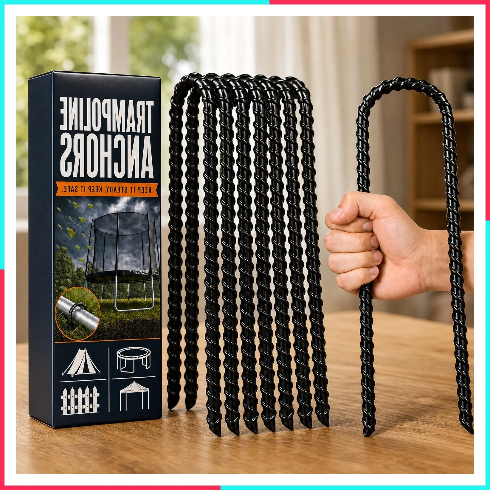 12 Inch Trampoline Anchor Kit, 8 Pack Heavy Duty Galvanized Steel U-Shaped Ground Stakes, High Wind Anchors for Trampolines, Tents, Canopies, Fences and Yard, Black