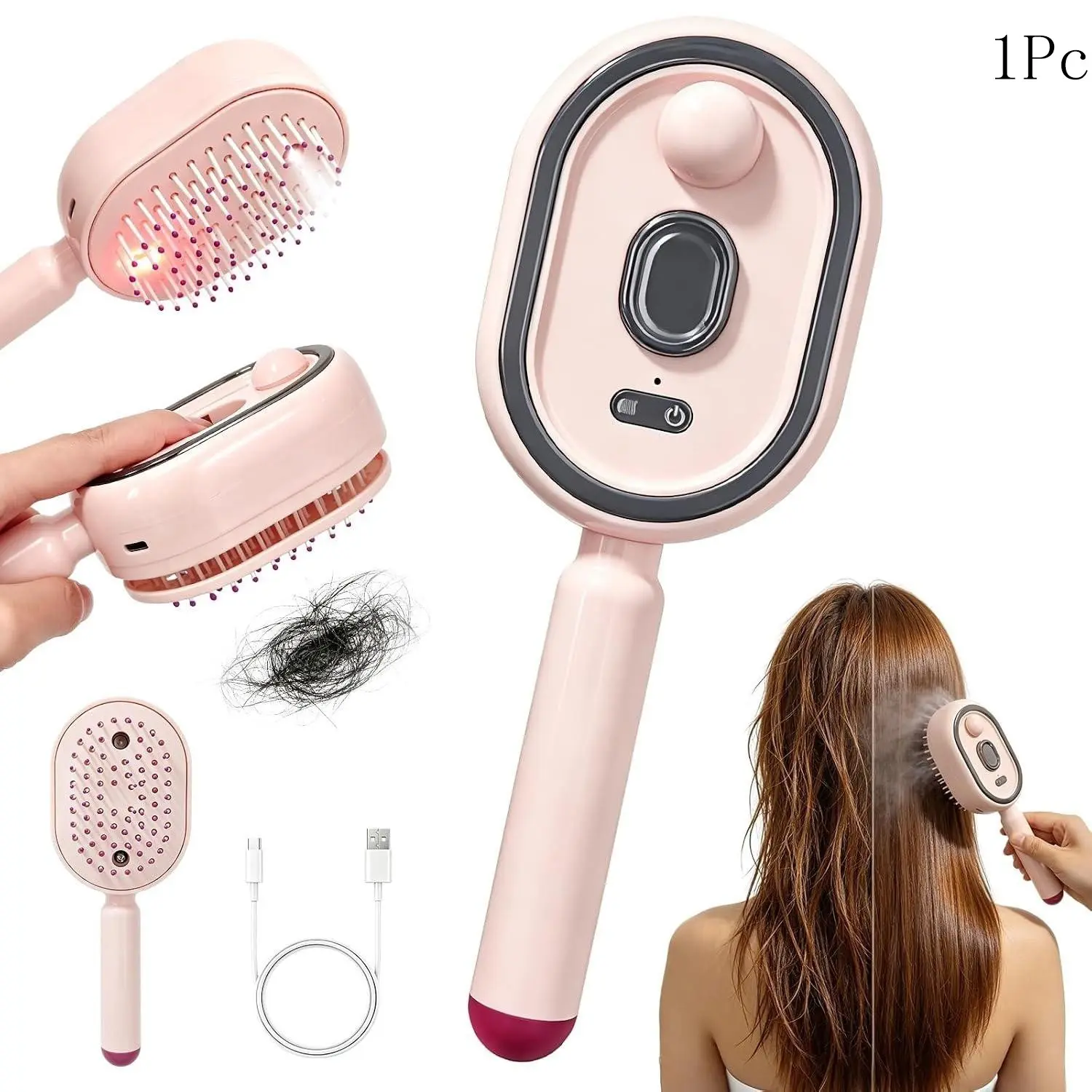 Electric Steam Brush for Hair, Electric Spray Air Cushion Massage Comb with Red Light Therapy, Rechargeable Water Spray Hair Brush, Self-Cleaning Detangling Anti-Static Hair Care Comb for Hydration and Moisturizing Hair Treatment
