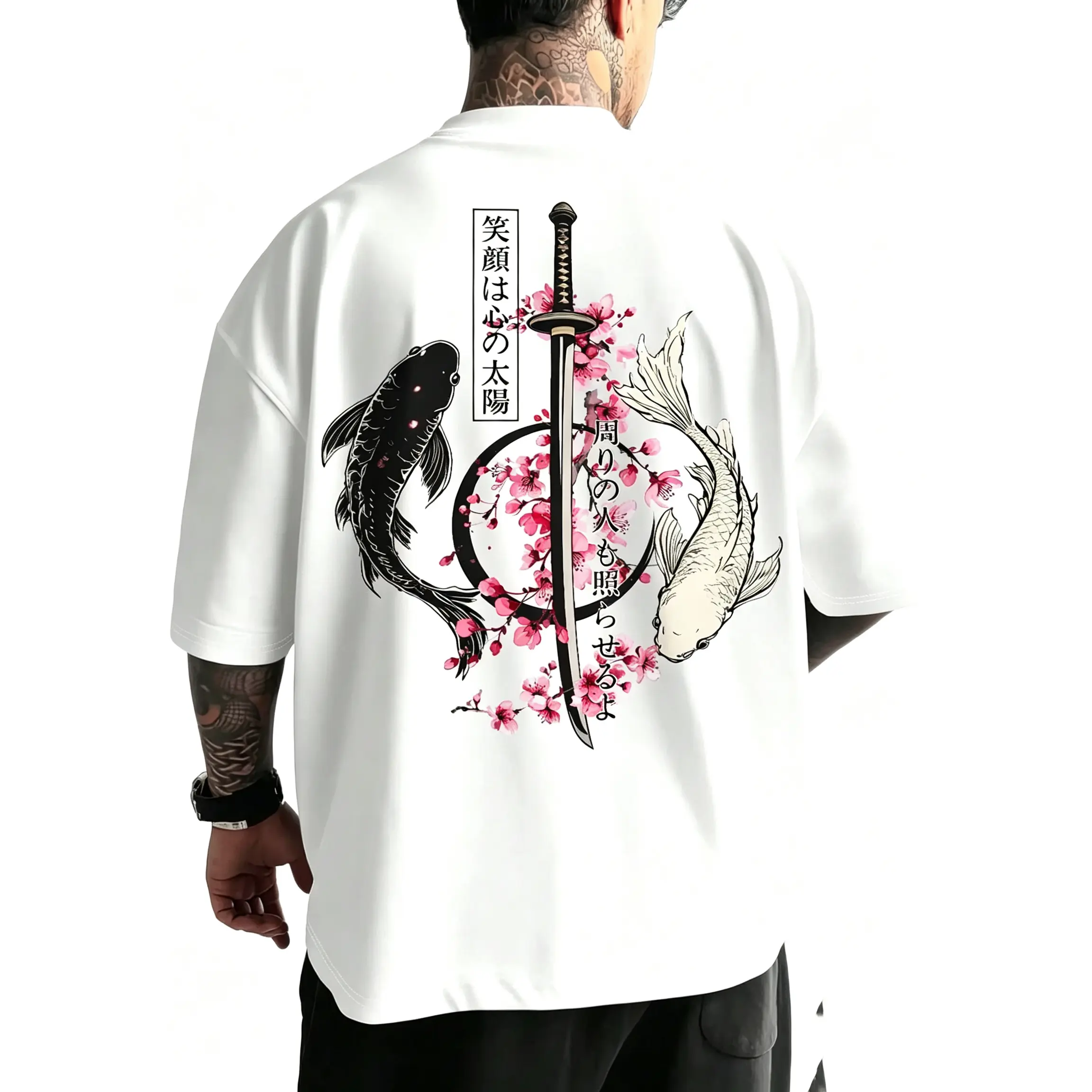 Men's Samurai Sword and Cherry Blossom Graphic Print Loose Fit T-Shirt, Casual Streetwear for Daily Wear, Trendy Outdoor Style