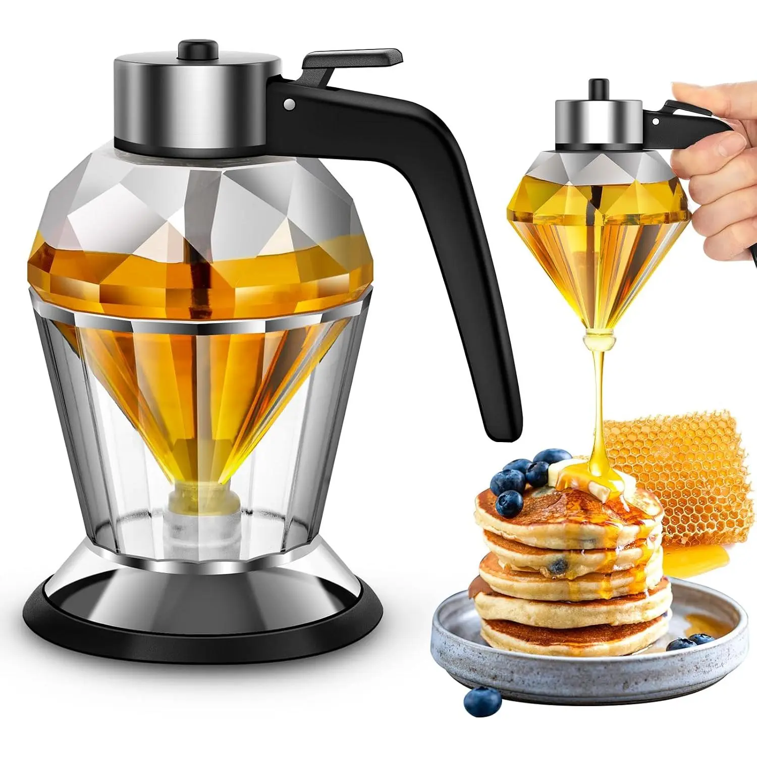 Honey Dispenser with Stand - No Drip Glass Honey Jar - 8 oz Clear Honey Container with Dipper and Flip Top Lid - Maple Syrup and Seasoning Dispenser for Home Kitchen