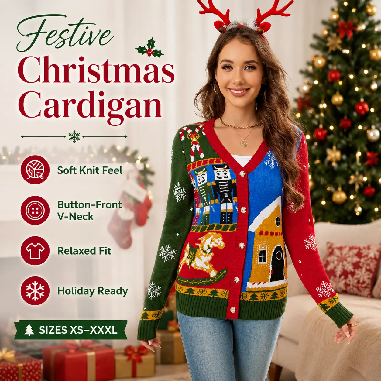 Women’s Christmas Cardigan Sweater Holiday Outfit, Cute Ugly Xmas Sweater with Santa House Snowflake Pattern, Red Green Vintage Knit Button Down Cardigan, Cozy Winter Festive Sweater for Christmas Party, Holiday Gift for Women