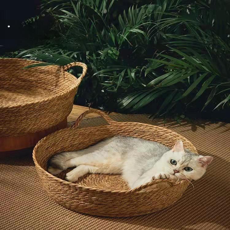 SoPets Handwoven Cat Cave Bed Cooling Rattan Pet House with Scratching Board Washable Cozy Sleeping Nest for All Seasons Cats Dogs