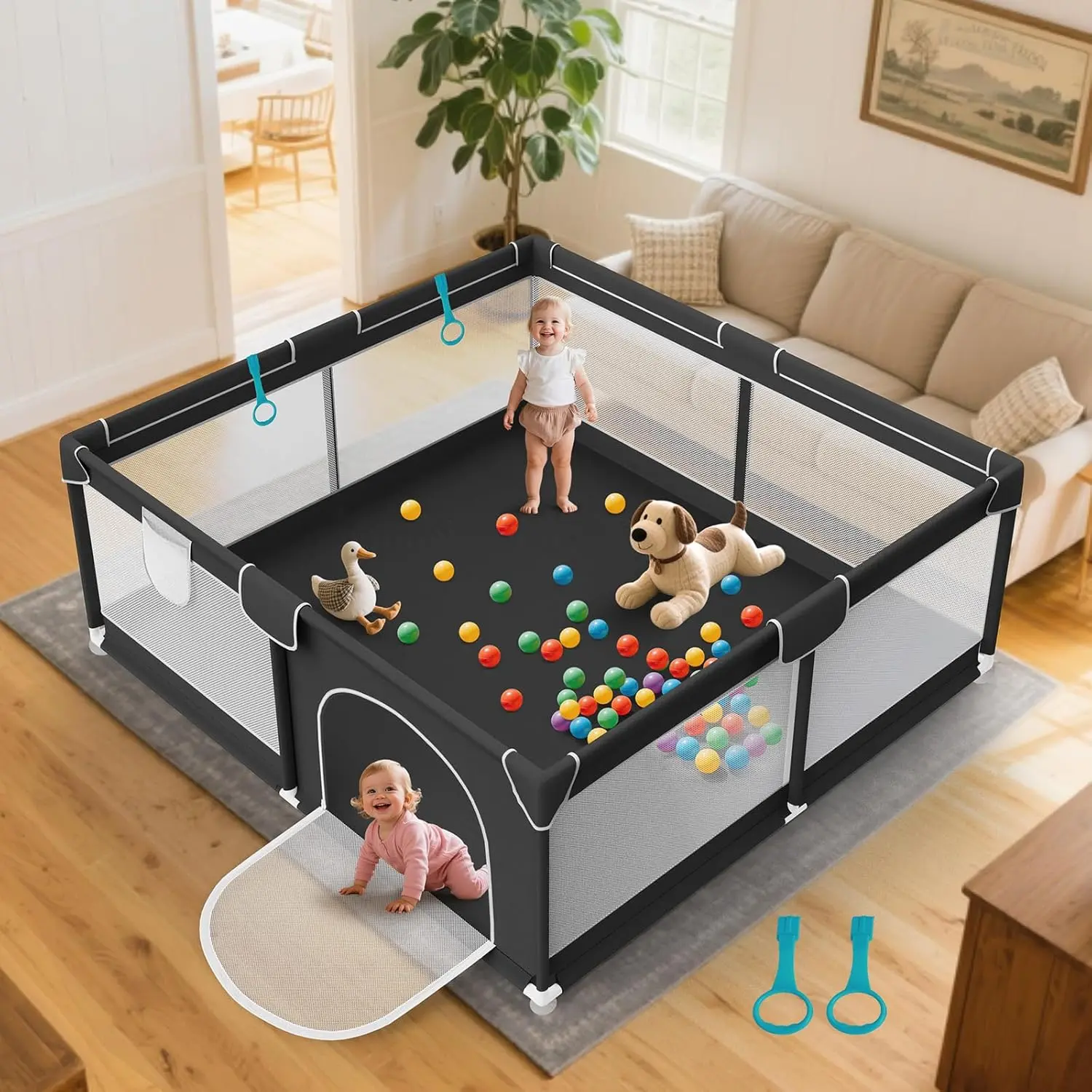 64x64 in Baby Playpen  Babies and Toddlers - Indoor and Outdoor Extra Large Baby Play Pen with Soft Breathable Mesh & External Zipper Door - Play Yard with 2 Handles  Walking Playing, Black