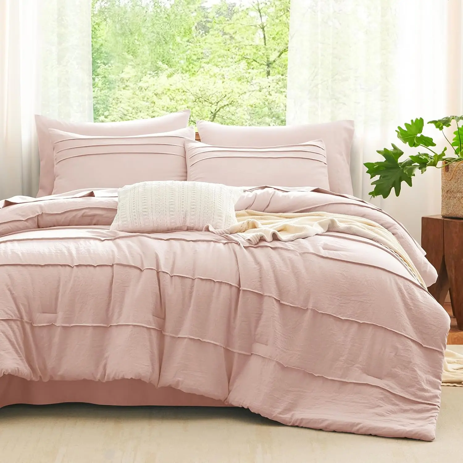 King Size Pink 7-Piece Boho Bed-in-a-Bag Comforter Set - Soft Pleat Down Alt. Comforter, Sheets, Pillowcases & Shams