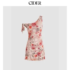 Cider [size 0-10] Mesh Asymmetrical Neck Floral Ruched Knotted Mini Dress Dealsforyou