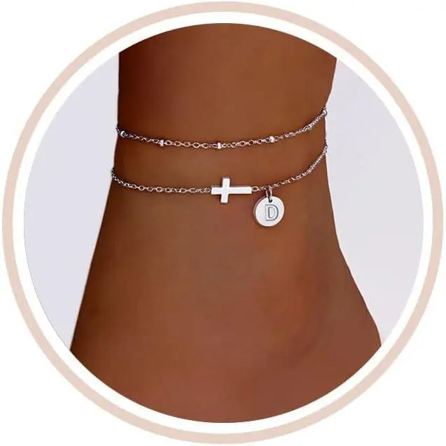 Women's Waterproof Gold Cross Motif Anklets with A-Z Initial Charm, Non-Tarnish Metal Coating, Extenders, Summer Beach Jewelry Gifts