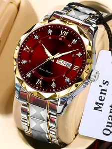 High-Quality Quartz Watch, Fashion Wristwatch, Dial Dual Calendar Function, Rhinestone Hour Markers, Round Face, Hardlex Glass, Alloy Case, All Seasons