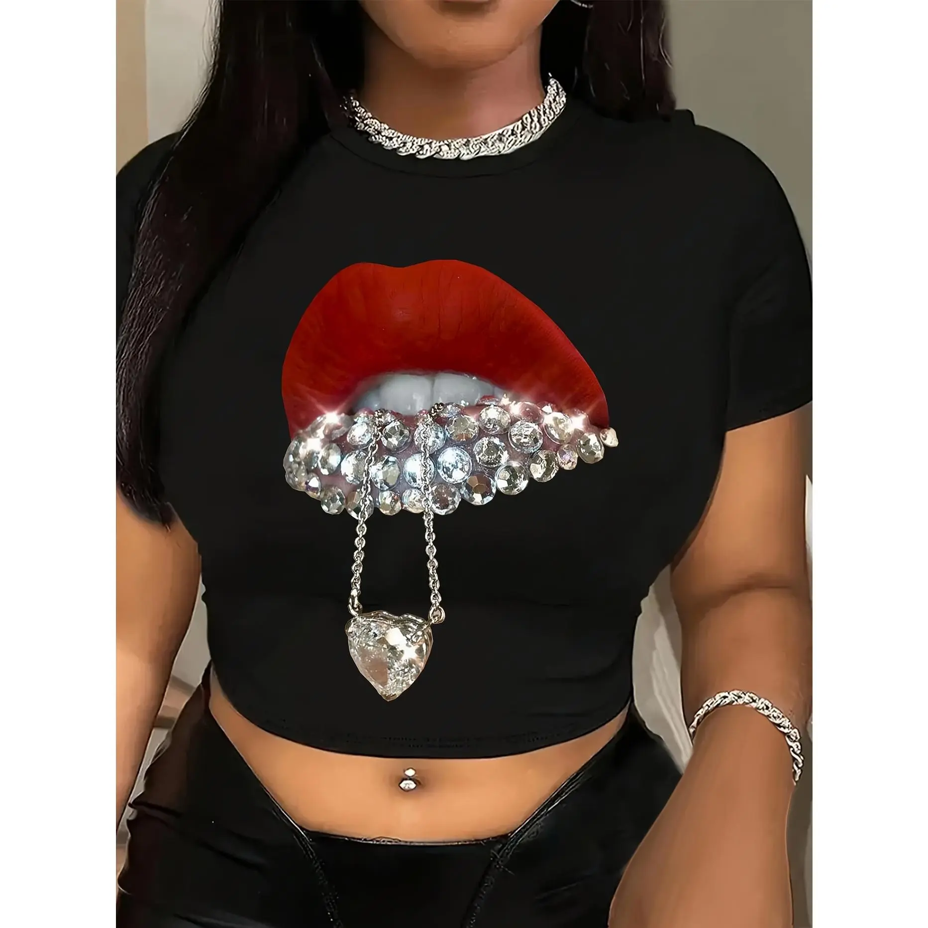 Lip Print Crew Neck Crop T-shirt, Y2K Short Sleeve Top for Spring & Summer, Women's Clothing