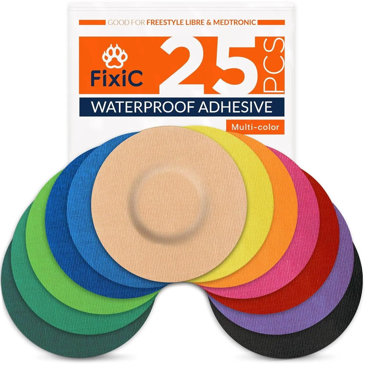 FixiС Sensor Covers 25 Pack 3 1/2" - Perfect Freestyle Adhesive Bandages for Libre 1, 2, 3 & Plus - G7 & Stelo - Guardian - Waterproof Adhesive Patches - Pre-Cut - The Best Fixation! (Multi-Color)