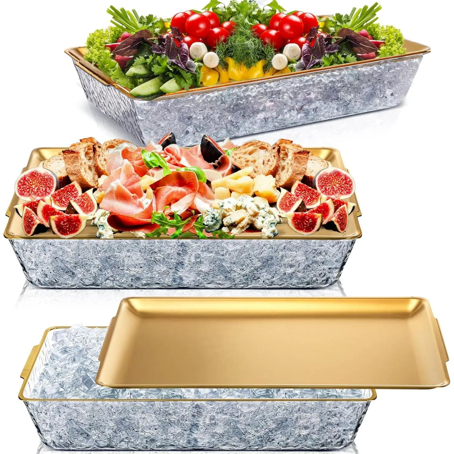 3 Set 16" x 9'' Chilled Serving Tray for Parties with Compartments Rectangle Serving Dish Ice Charcuterie Party Platter for Shrimp Fruit Seafood Vegetable Appetizer (Gold)
