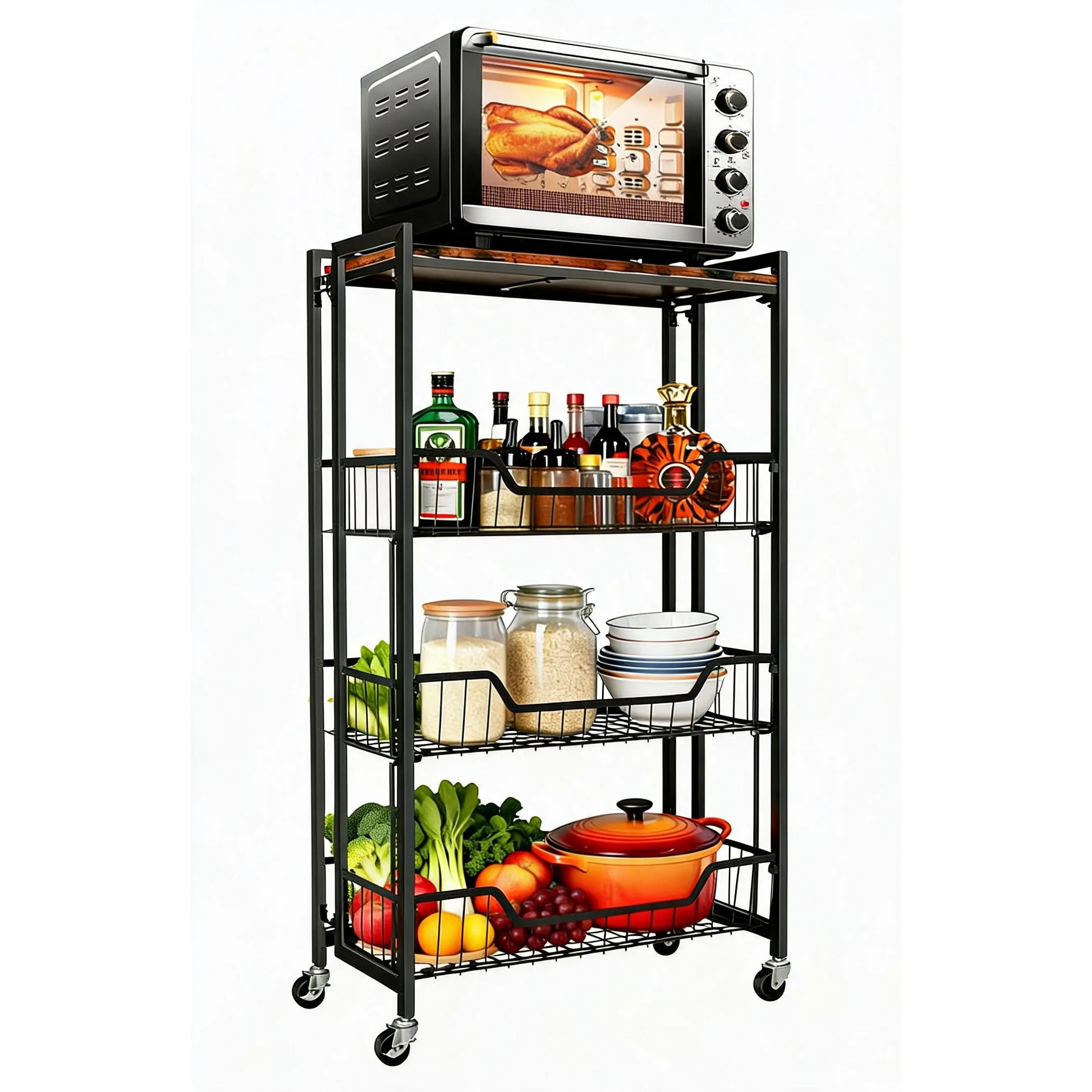 【GAOMON】4 Tier Folding Kitchen Storage Cart, Rolling Utility Shelf with Wheels, No Assembly Collapsible Rack for Pantry Garage Office, Wood & Metal, Heavy Duty Organizer, Black