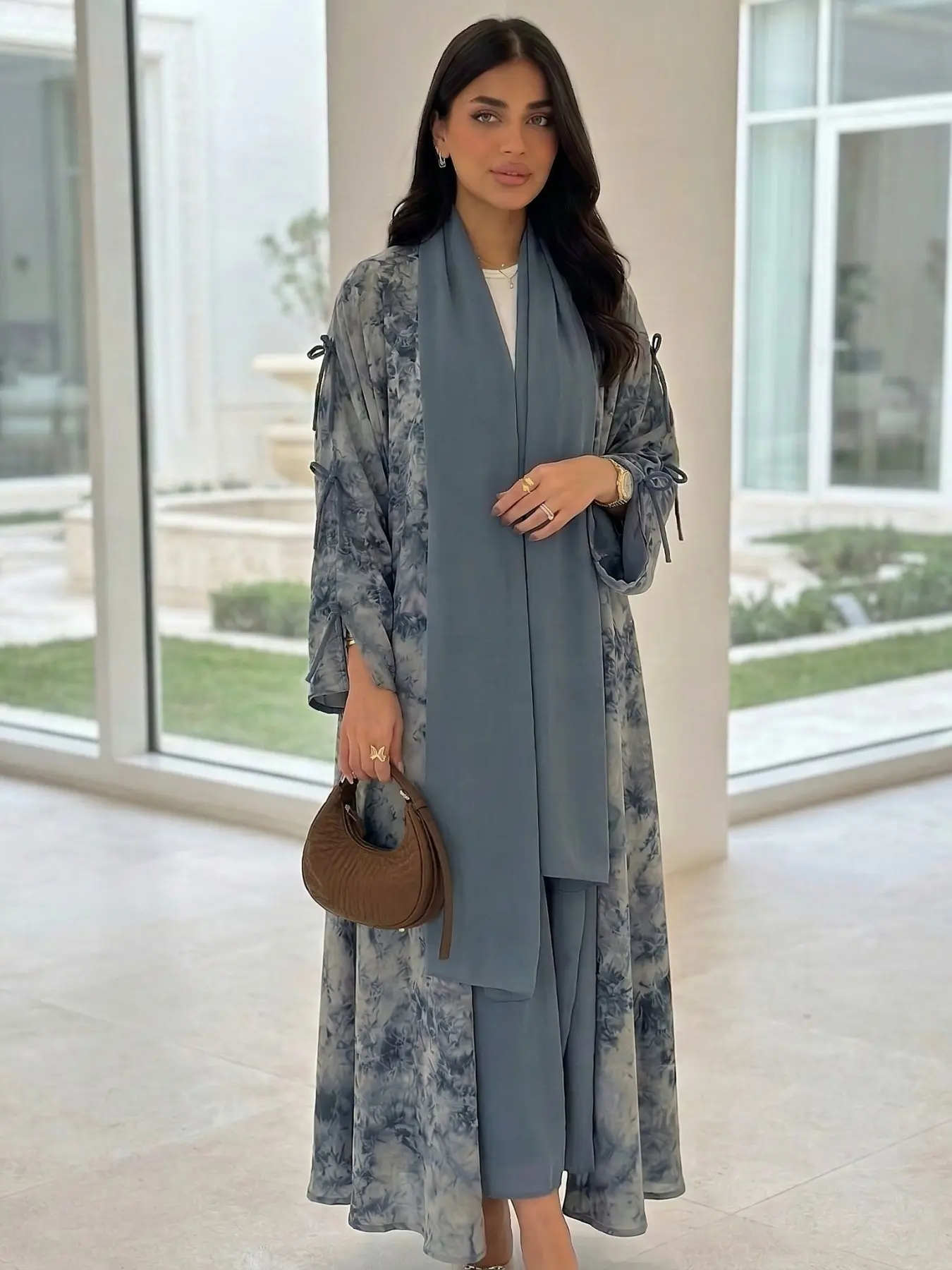 New Muslim Women's Multi-Color Tie-Dye Bow Long Sleeve Open Islamic Abaya, Loose Fit Casual Two-Piece Set, Includes Headscarf, All Seasons