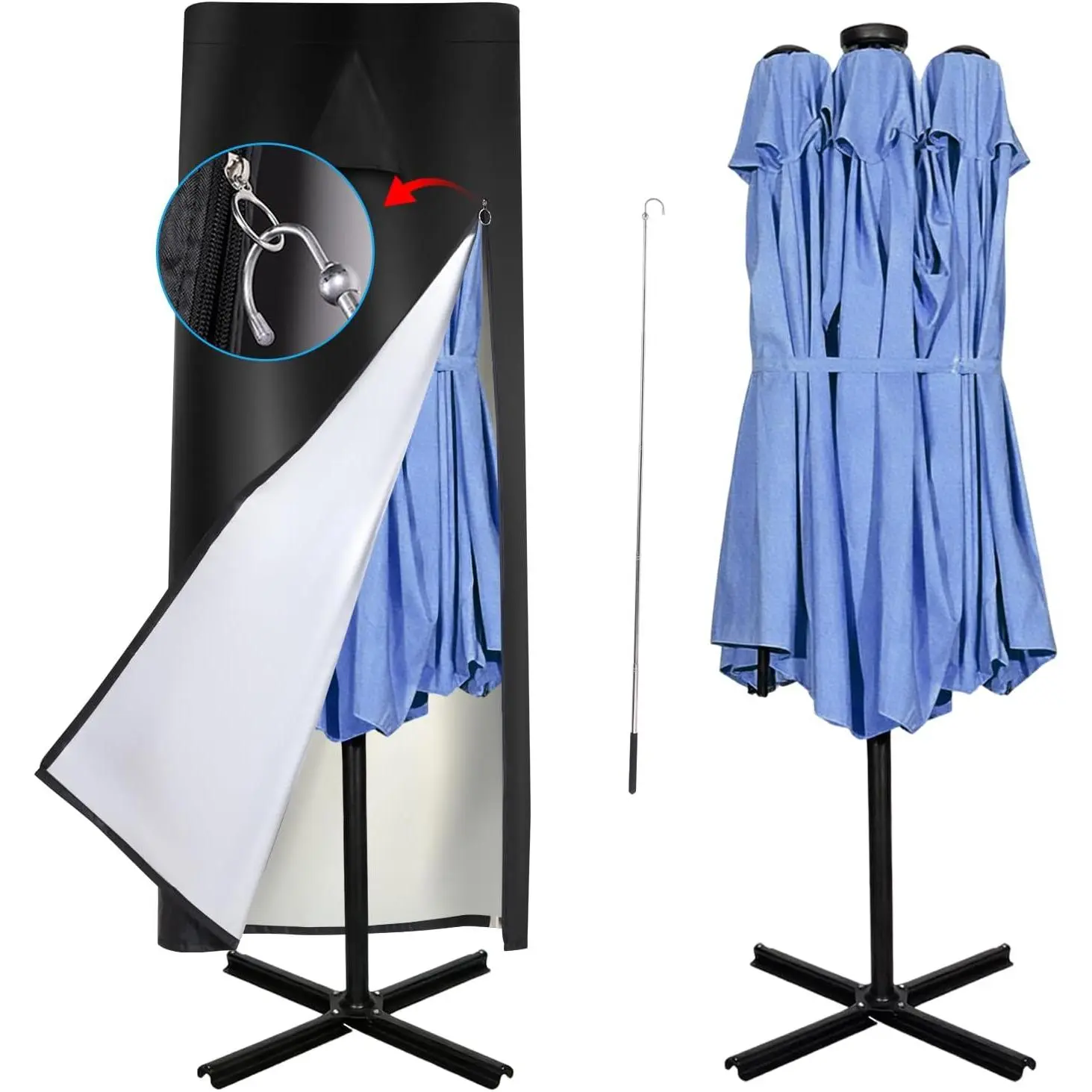 900D Waterproof Patio Umbrella Cover, 15 ft Size for 13-15 ft Outdoor Double-Sided Umbrellas with Zipper, Top Vent, and Hem Drawstring
