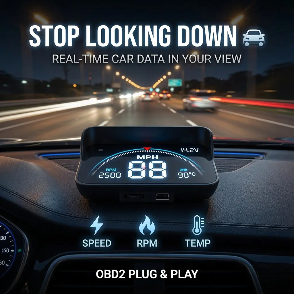 Smart Digital Car HUD Display, OBD2 Compatible Real-Time Speed, RPM, Voltage, Temperature Data Monitor for Drivers Daily Commute & Road Trips