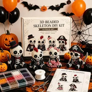 DIY 3D Skull Beading Set, includes materials and instructions, Halloween home decoration, Mini Beaded World 3D DIY Series, Cute Four-Piece Skull Beading Set