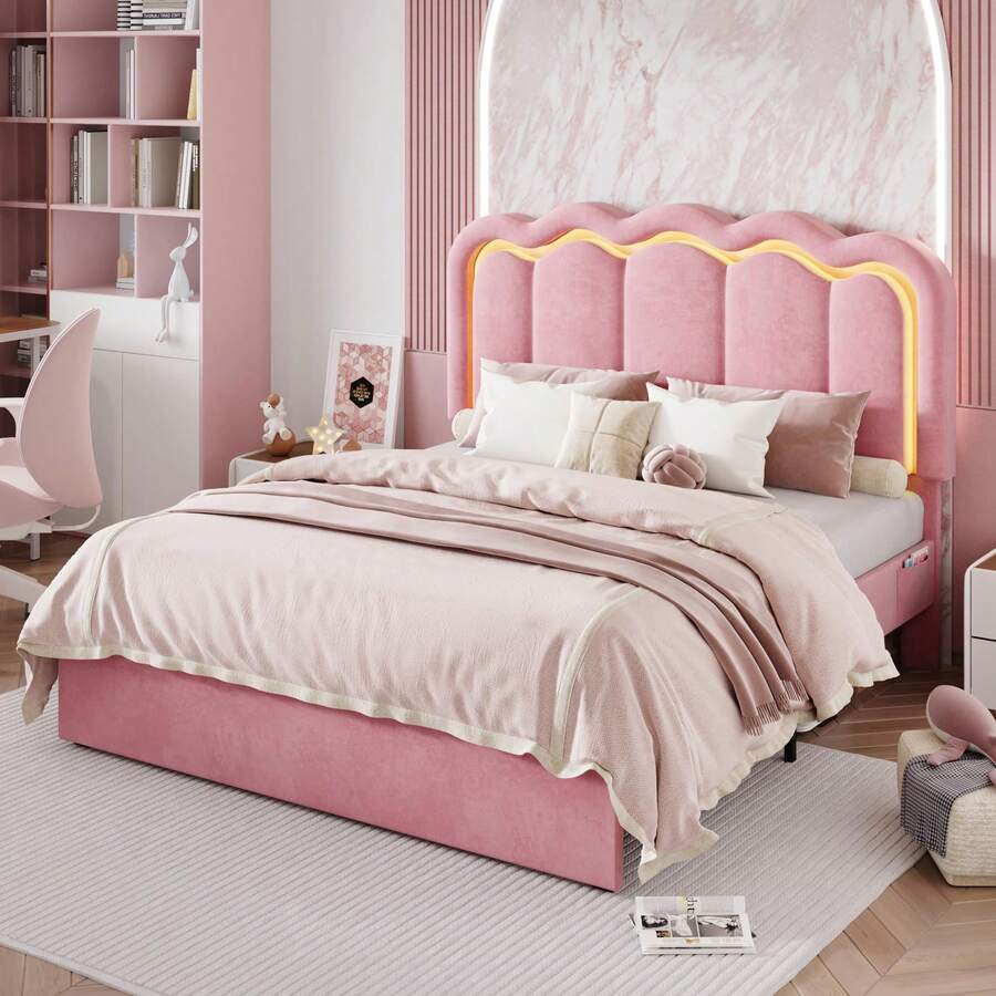 LED Light Bed Frame with Adjustable Wavy Velvet Headboard, Noise-Free Wooden Slat Support, No Box Spring Required, Easy Assembly, Twin/Full/Queen Sizes, Black Bedroom Furniture LED Light Bed Frame with Adjustable Wavy Velvet Headboard, Noise-Free Wooden Slat Support, No Box Spring Required, Easy Assembly, Twin/Full/Queen Sizes, Black Bedroom Furniture