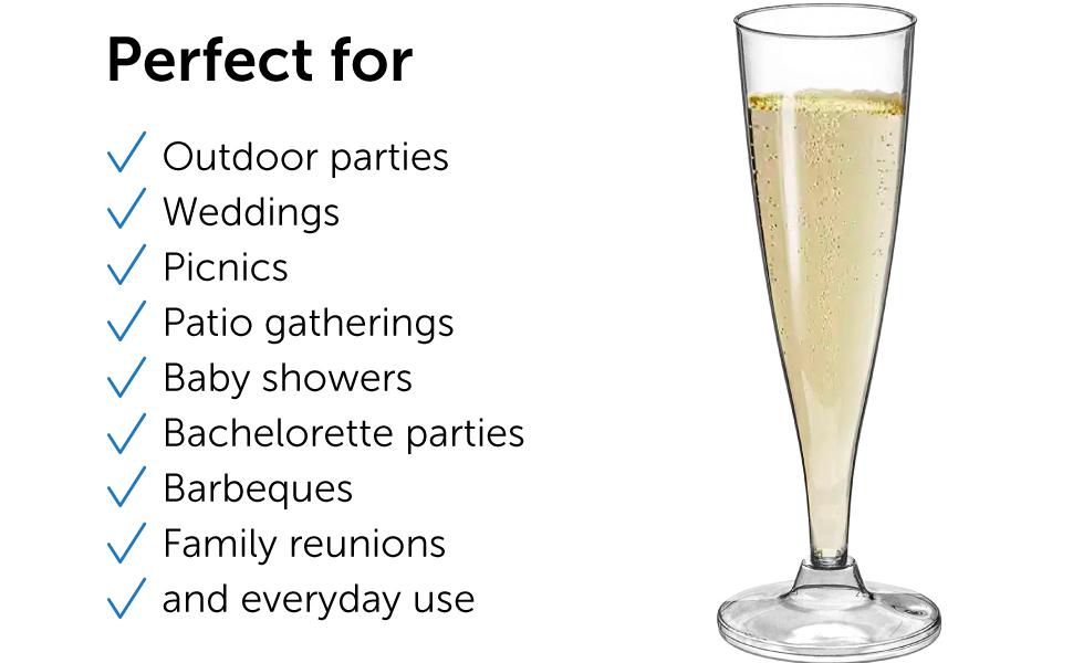 24 Champagne Glasses, 5 Oz -- Plastic Flutes, for Outdoor Parties, Weddings, Hosting, Stackable, Reusable, Disposable Stemmed Cups (Pack of 24) : Health & Household