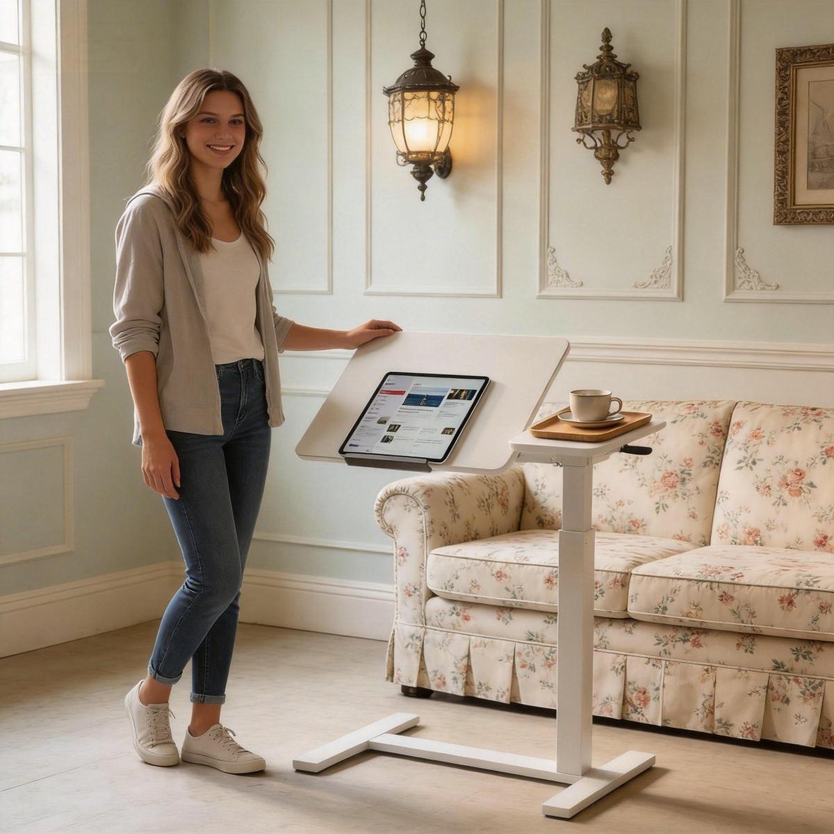 Mobile Adiustable Standing Desk, Overbed bedside desk with Flip Desktop and 4 Wheels, Height & Angle Adjustable Rolling Laptop table,Portable Over Bed Desk for Home, Office, Study, hospital.white