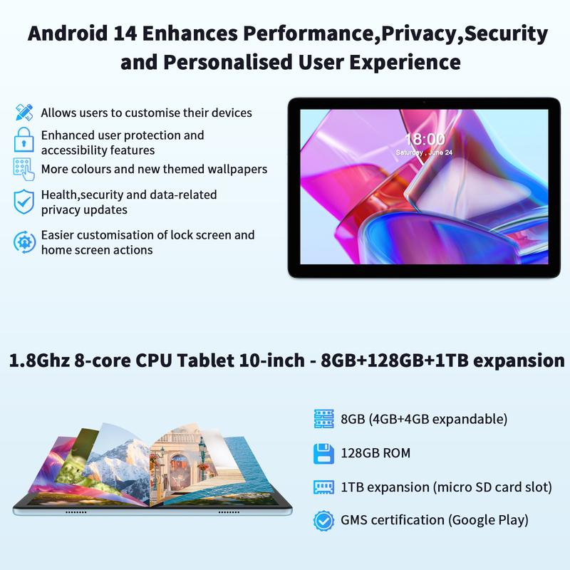 PRITOM 2026 10.1 Inch Android 14 Tablet Set 16GB(4+12)RAM 128GB ROM Dual Camera Bluetooth Keyboard Mouse Gift for Back To School