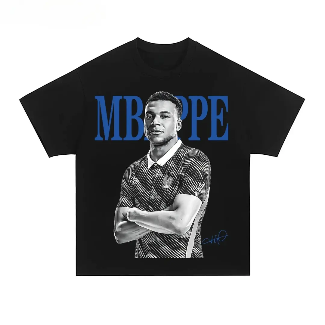 Mbappe Portrait Signature Graphic T-Shirt Football Lovers Soccer Fans Casual Oversized Short Sleeve Tee 100% Cotton Unisex