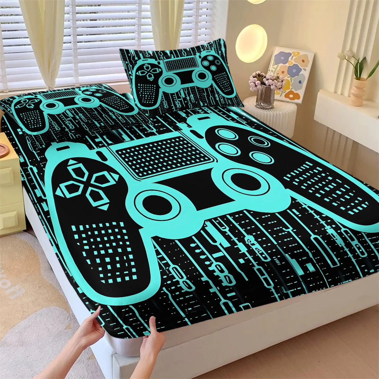 3-Piece E-sports Cyan Game Controller Fitted Sheet Set, 1 Fitted Sheet & 2 Coreless Pillowcases , Wrinkle and Shrink Resistant, 360° Full Wrap Deep Pocket Wrinkle Resistant Soft Bedding Set, Cyberpunk Bedroom Decor And Perfect Gift For Gamers
