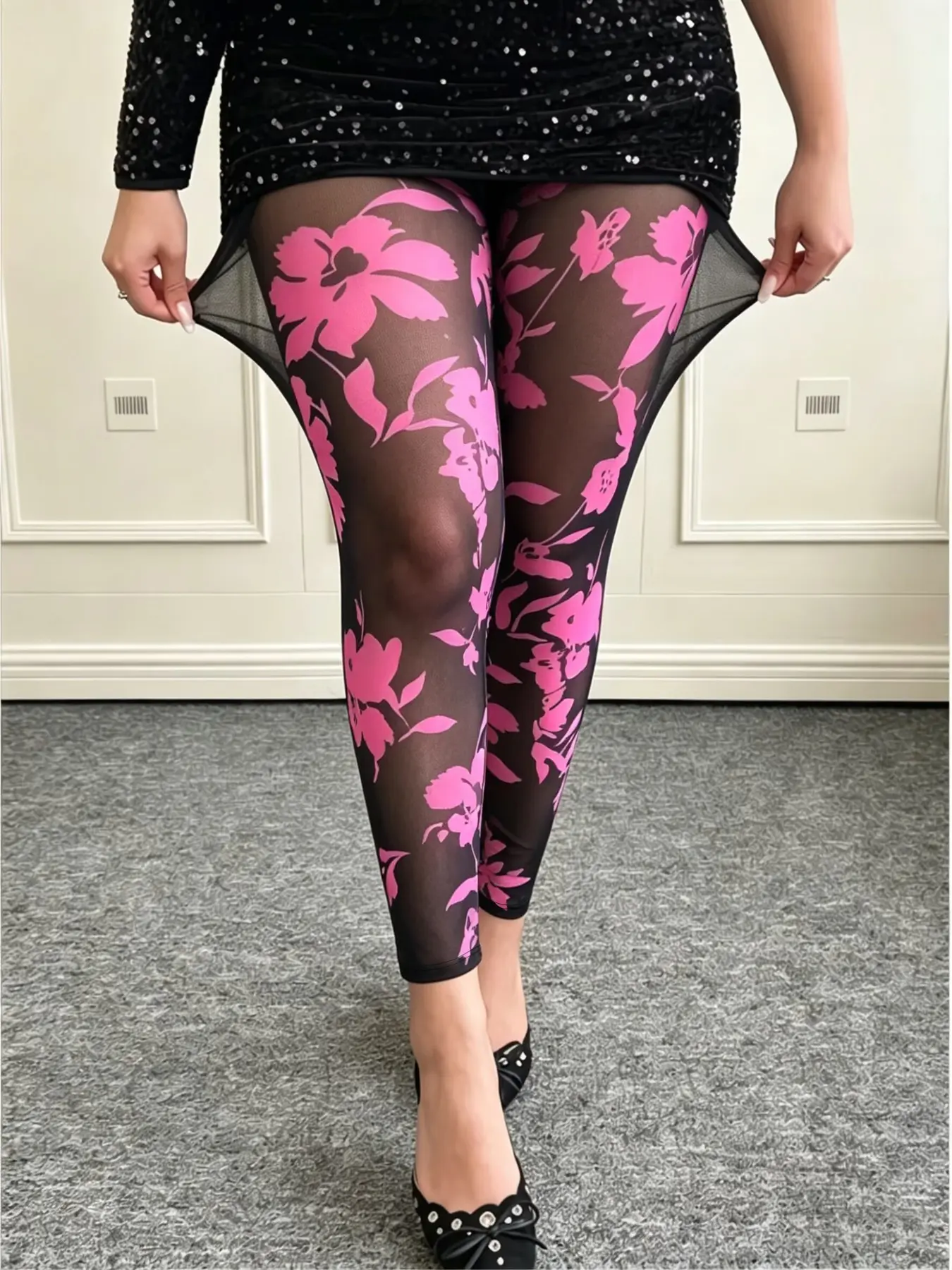 New Fashion Patchwork Mesh Floral Sexy Cutout Tight Pants, Holiday Party, Breathable Outerwear, Unique Elastic Long Pants