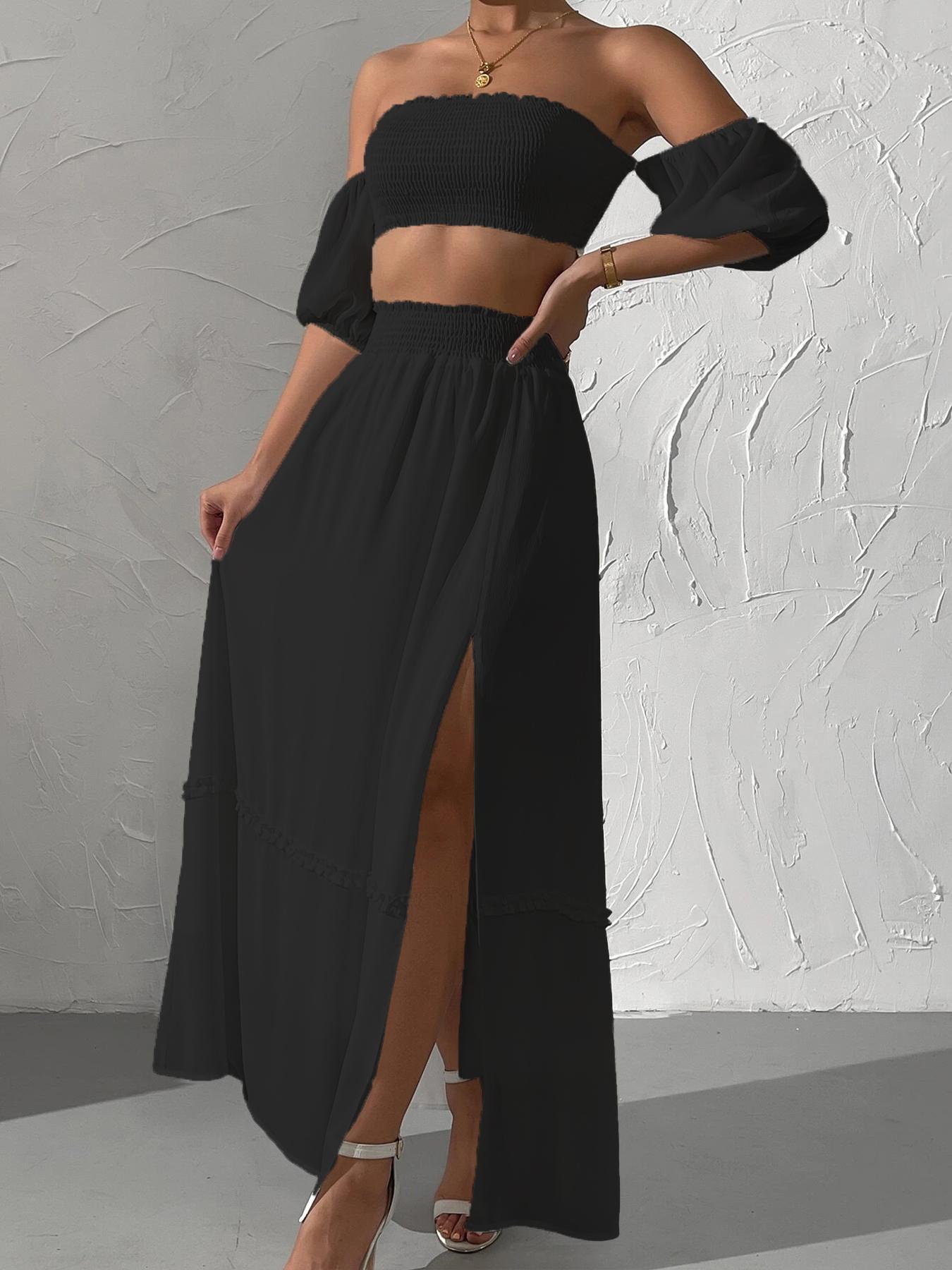 Women's Solid Off Shoulder Fitted Crop Top & Split Hem Skirt Two-Piece Set, Casual Fashion Cozy Two Piece Outfits for Daily Outdoor Wear, Ladies Clothes for All Seasons