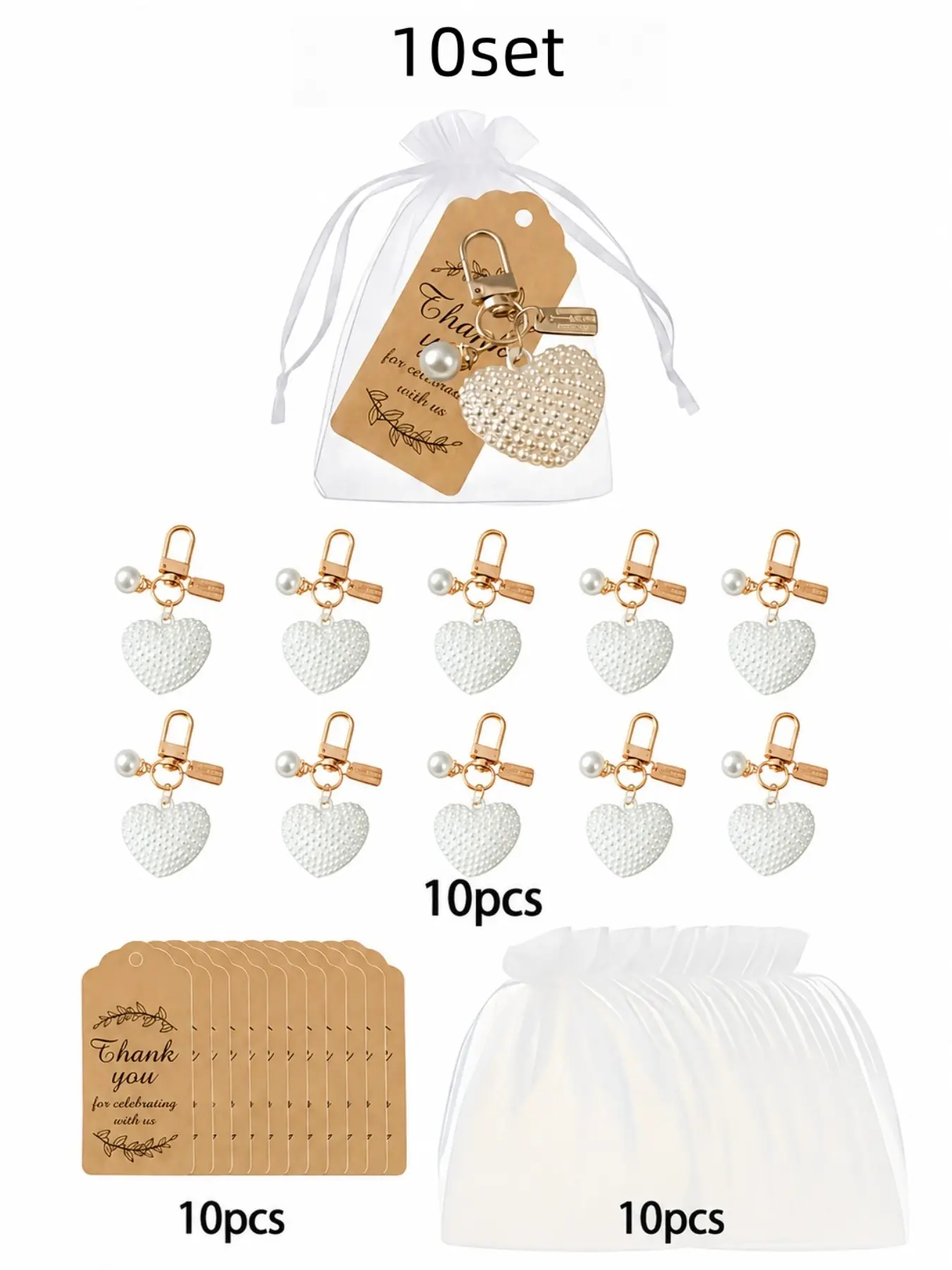 30-Piece Heart Keychain Set, Wedding Gift Kit, Party Metal Key Rings, Includes 10 Keychains + 10 Cards + 10 Sachets, Perfect for Weddings/birthdays