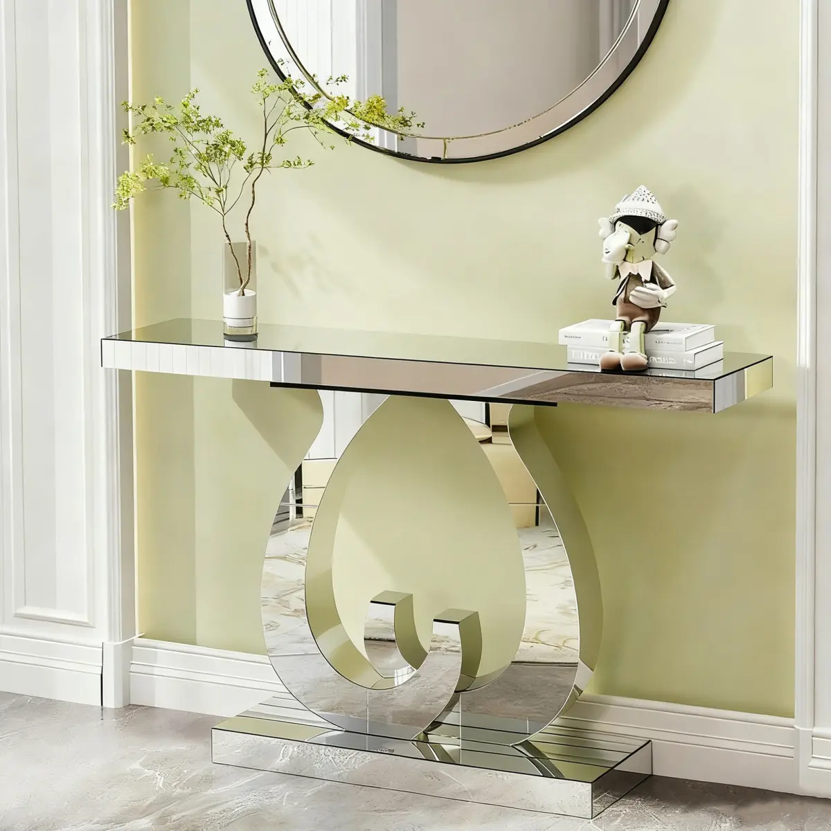 Mirrored Console Table, 39.4 Inch Entryway Table with Double C-Shaped Base, Modern Luxury Mirrored Sofa Table Behind Couch for Living Room, Accent Foyer Table for Entrance, Hallway