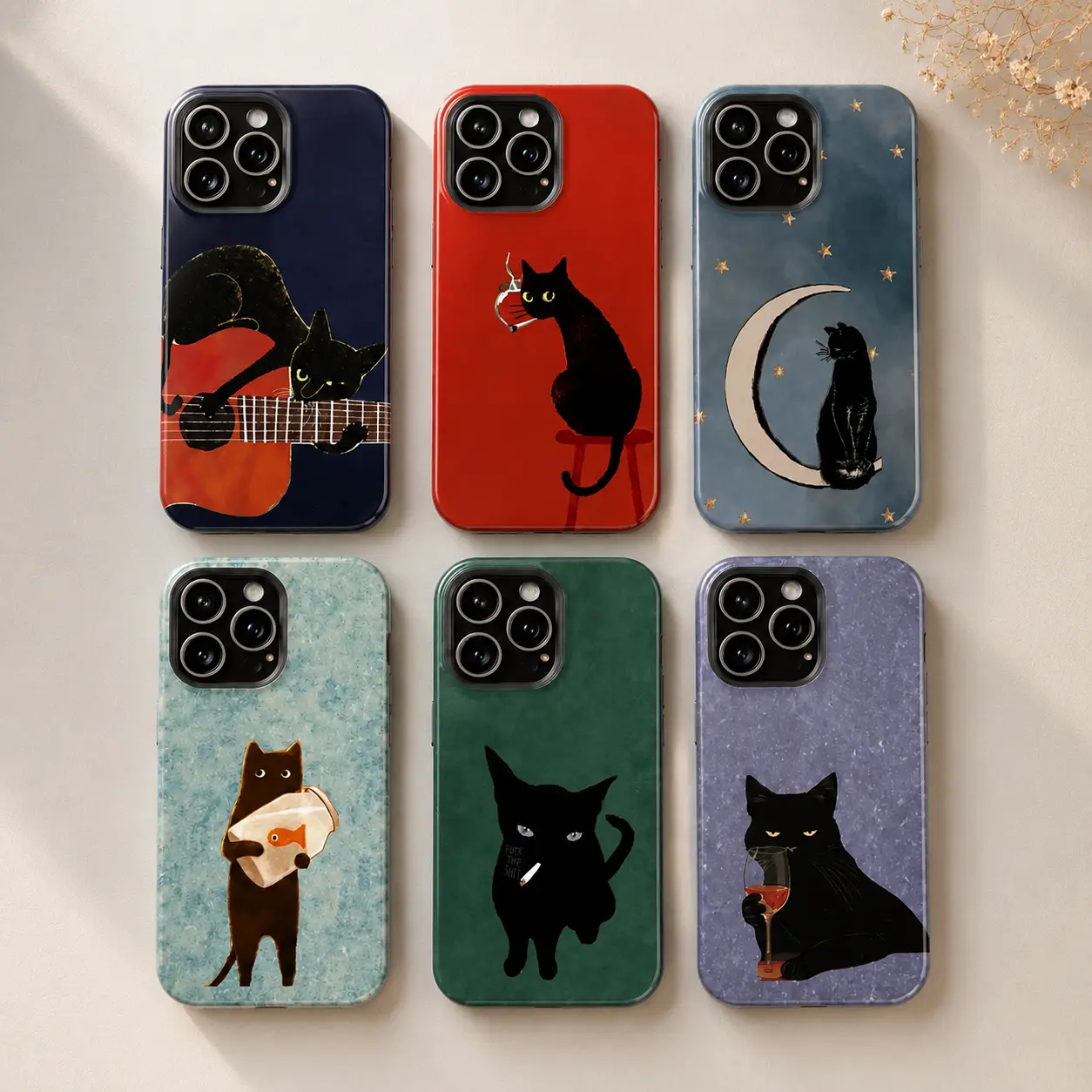 Retro Night Vibe Black Cat Art Print Phone Case Flexible Soft Shell Wear Resistant Shockproof Full Wrap Durable Wireless Charging Friendly Cover Compatible with iPhone 11-17/plus/pro/pro max Eclipse Case Co.