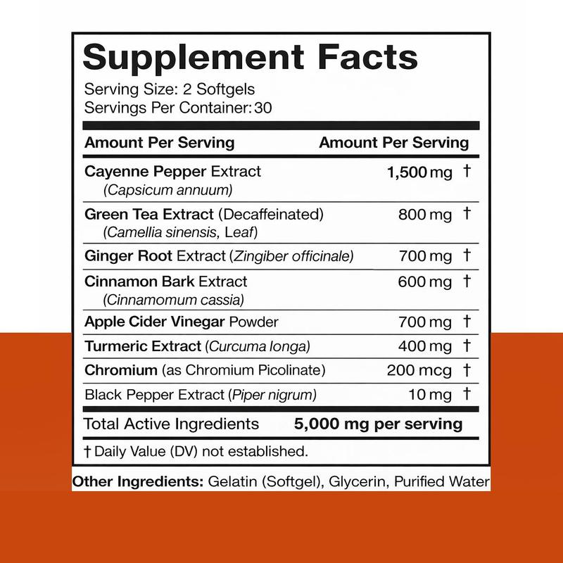 8-IN-1 Cayenne Metabolism Support Supplement – 5000mg – with Green Tea, Apple Cider Vinegar & Chromium for Daily Metabolic Support - 60 Softgels