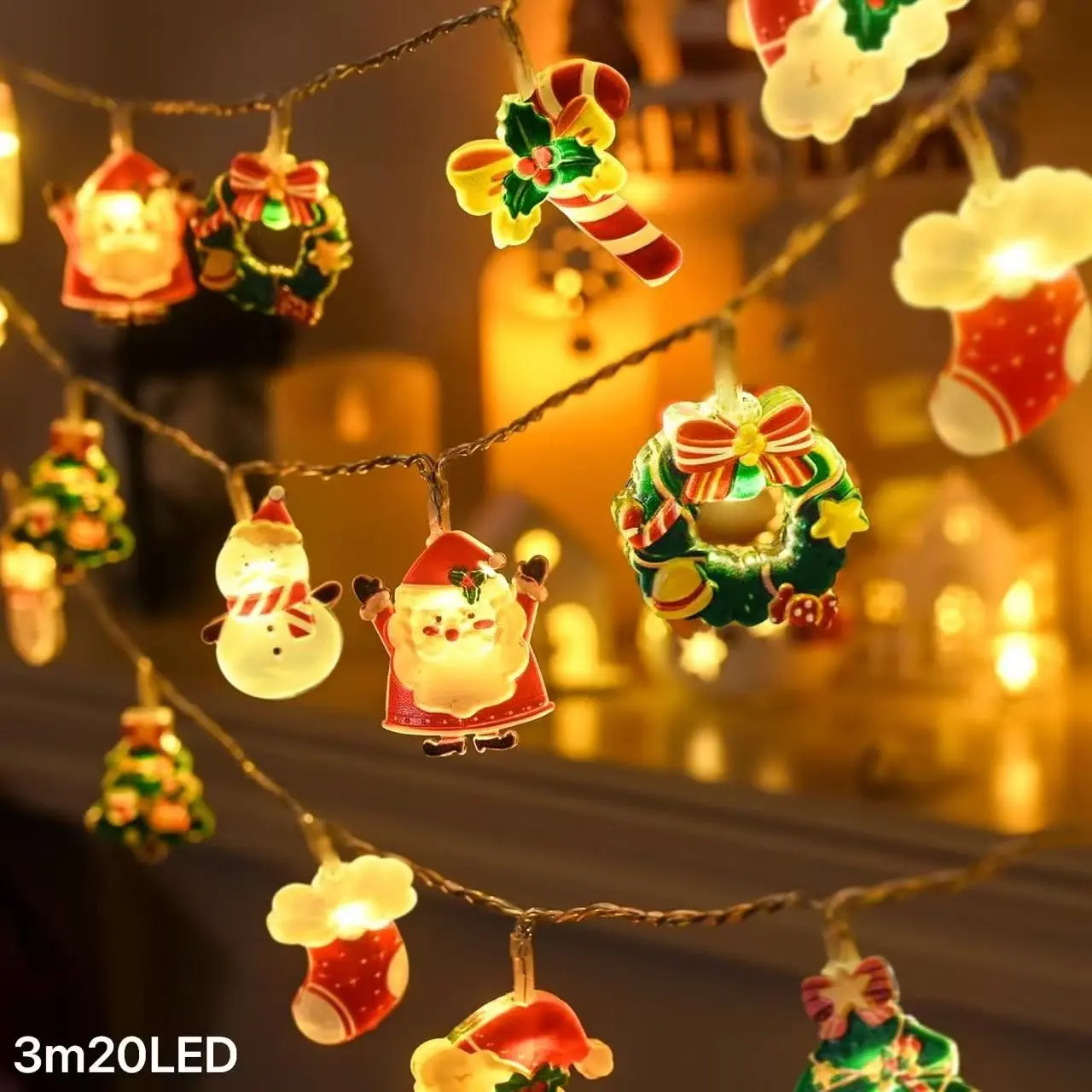 Acrylic Christmas Light String Warm Hanging Decoration, Santa Claus Garland Tree Snowman Candy Cane Sock Indoor Window Lights