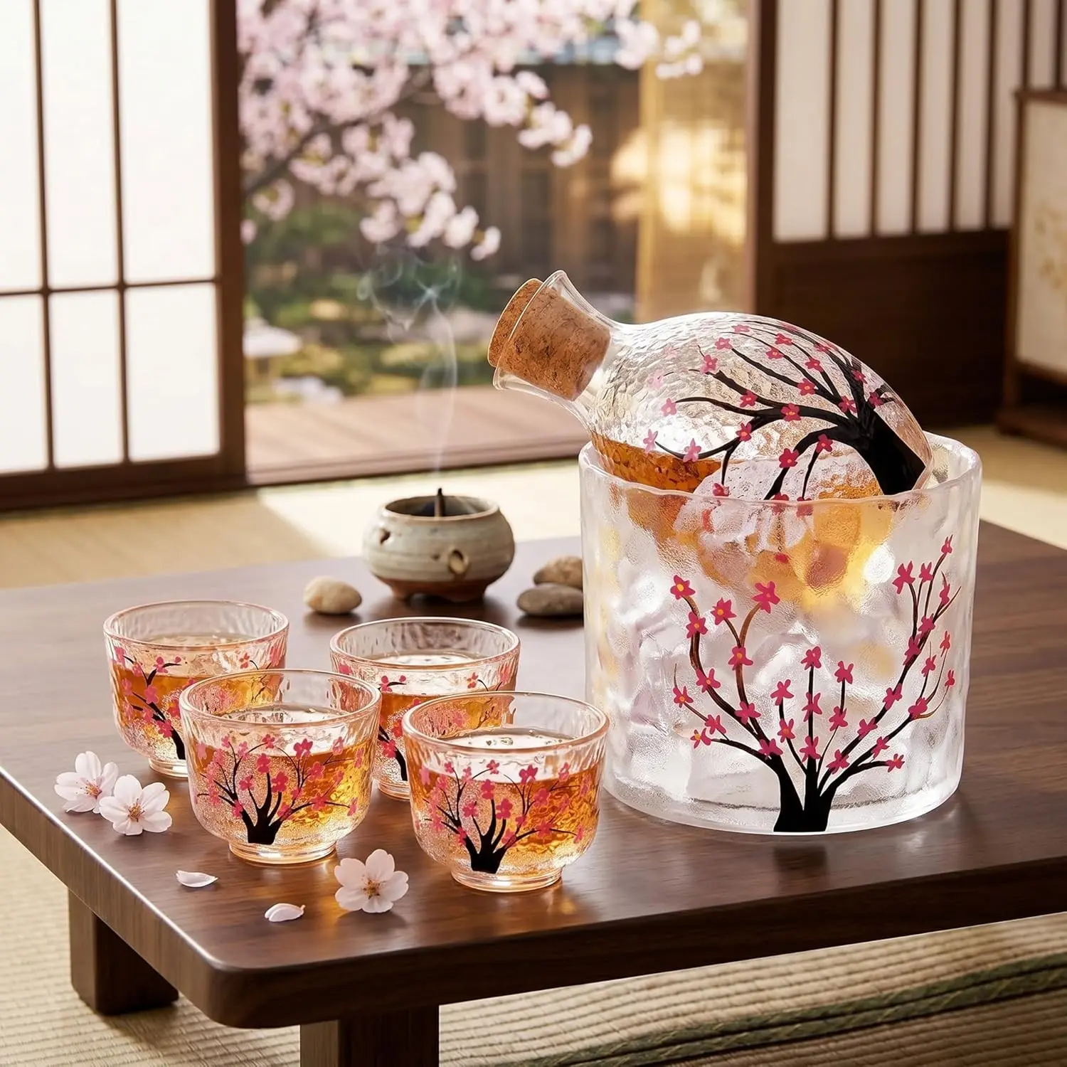 6 Pcs Japanese Sake Set for 4, Pink Cherry Blossoms Sake Bottle Cups Set Including 1 Bottle 1 Tank and 4 Cups for Cold Hot Warm Carafe Japanese Christmas Gifts
