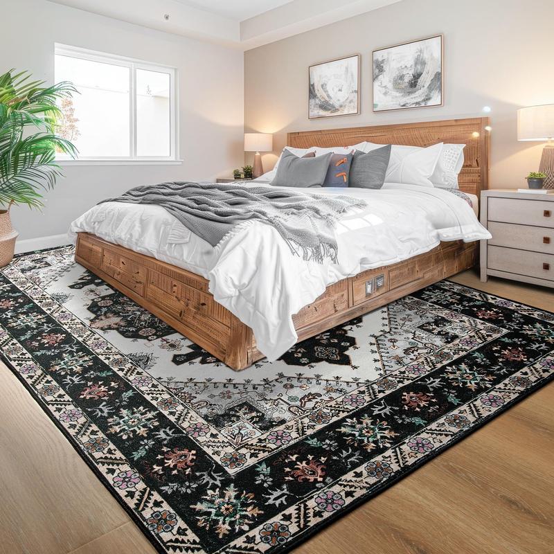 8x10 Area Rugs for Living Room, Vintage Machine Washable Rug,Low Pile Print Large Rug with Rubber Backing Non-Slip Carpet for Bedroom,Kitchen,Dining Room,Home Office,Home Decor,Black,Green, Grey,4x6,5x7,6x9,8x10 Feet