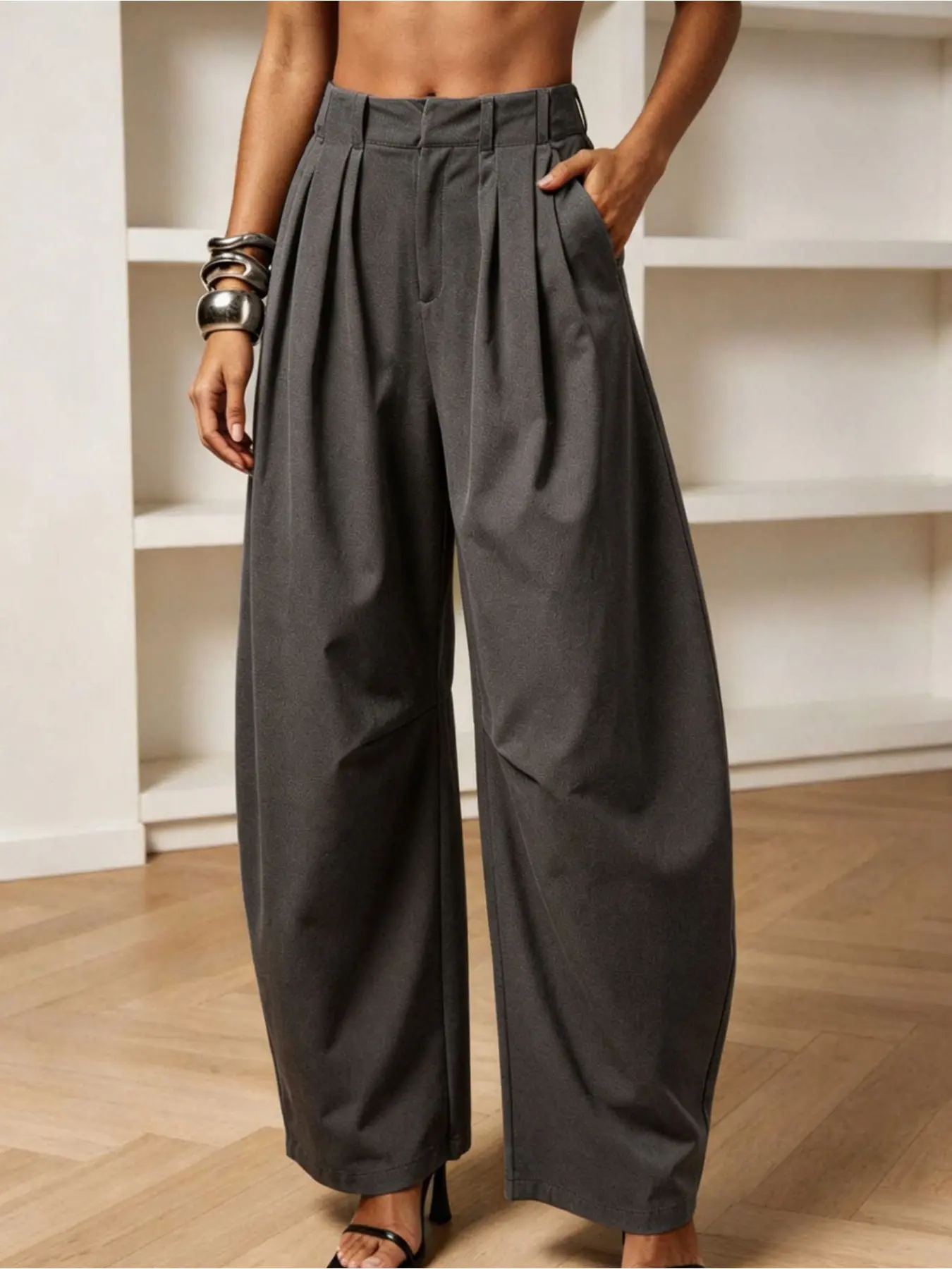 2026 Spring New Chic Gray Suit Oversized Wide Leg Pants for Women, High Waist Pleated Loose Balloon Trousers, Figure-Flattering Floor-Length Casual Conical Outfit, Casual Comfy Baggy